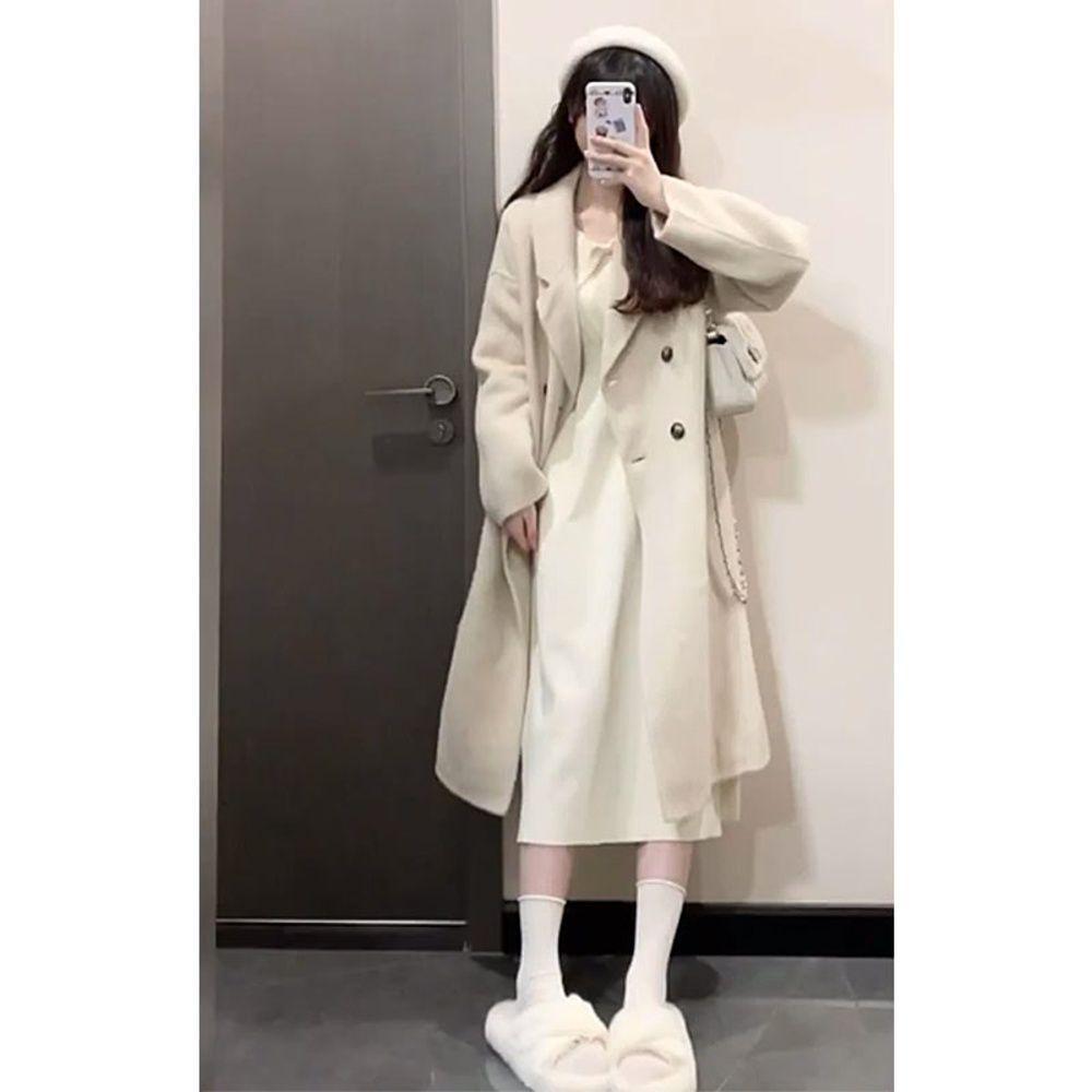 Petite Women's Korean-Style Fleece-Lined Gray Wool Coat for Fall/Winter