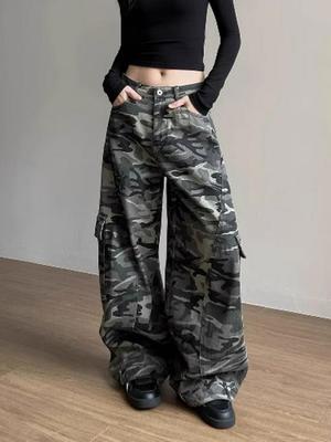 Unisex American Retro Camouflage Multi-Pocket Wide Leg Deconstructed Denim Work Pants