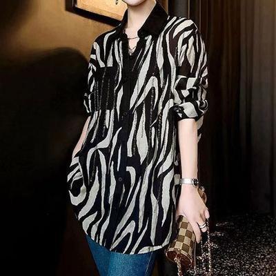 Büro-Lady Mode Diamanten Vintage Bedrucktes Hemd Damen Einreihig Frühling Herbst Koreanisch Gespleißt Polokragen Midi Bluse Neu