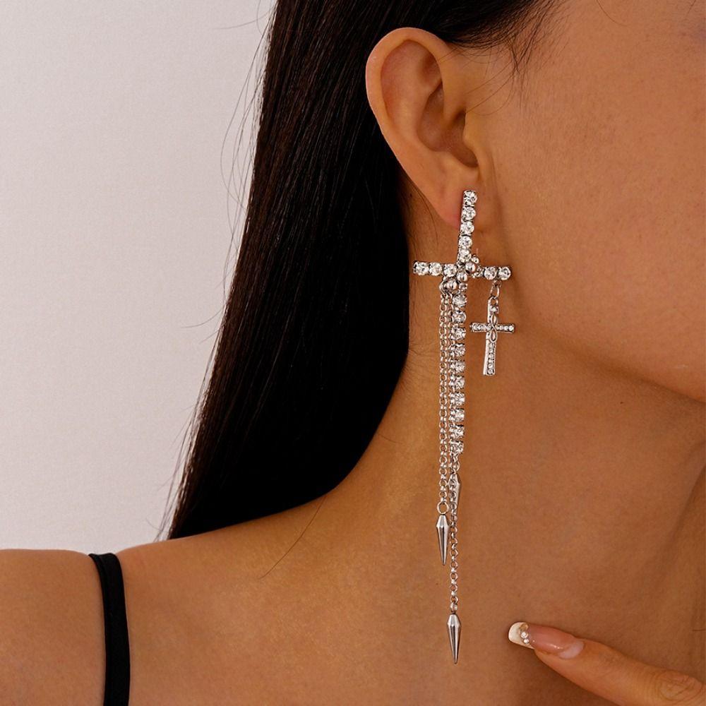 Inlaid Rhinestones Long Tassels Dangle Earrings Fashion Ear Stud Personality Cross Earrings  Women