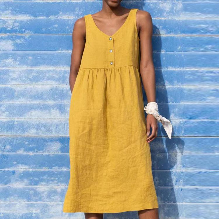 Summer Boho Dress Women Casual Cotton Linen Sleeveless Large Size Holiday Fashion Spring Dress