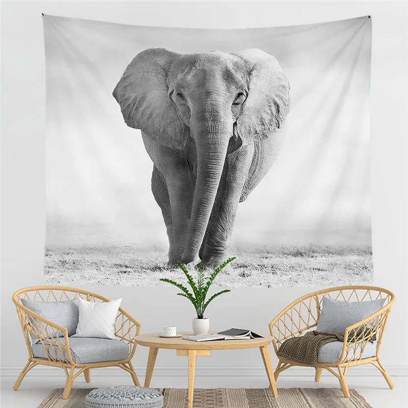 Black and White Elephant Print Pattern Tapestry Bohemian Style Wall Hanging Mandala Polyester Living Room Decoration Tapestry