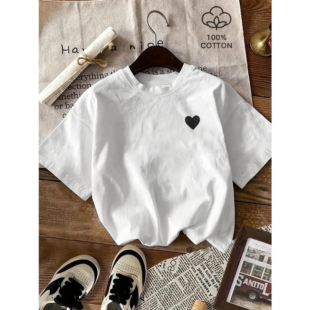 

Women s White Sleeve T-Shirt with Black Heart Casual Round Neck Summer Summer Short Sleeved Harajuku Streetwear Tops Tees XS