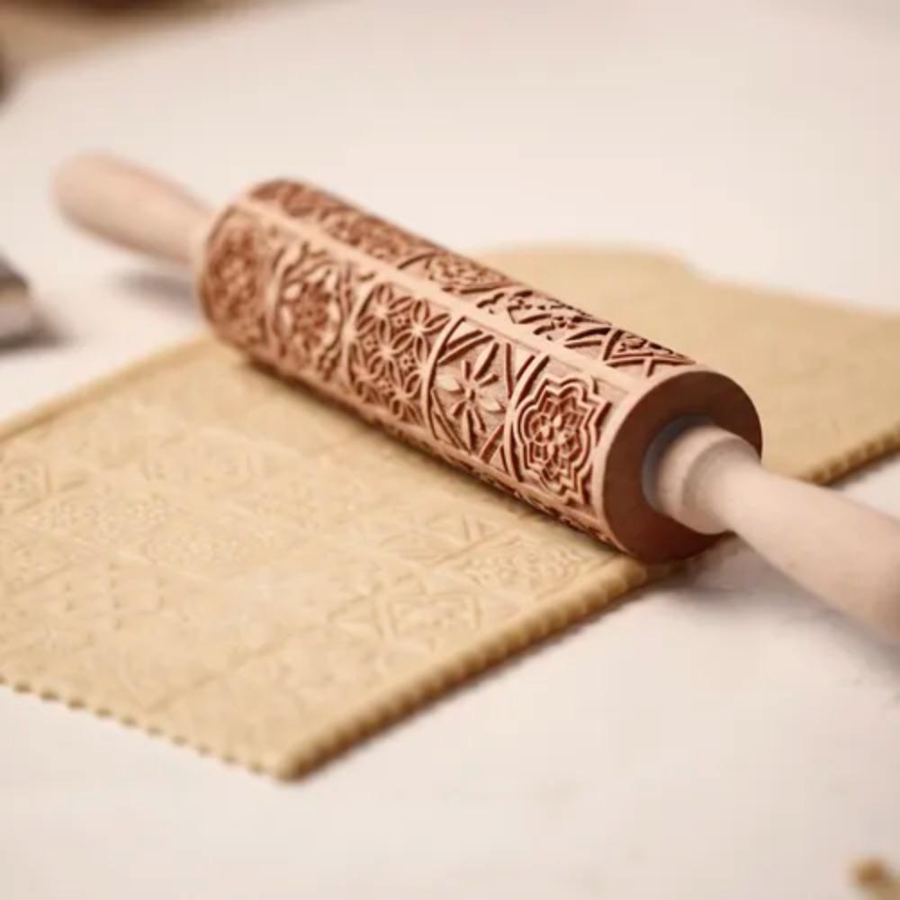 Square Grid Patterned Roller Laser Engraved Embossed Wooden Rolling Pin Cookies Mold   Dough