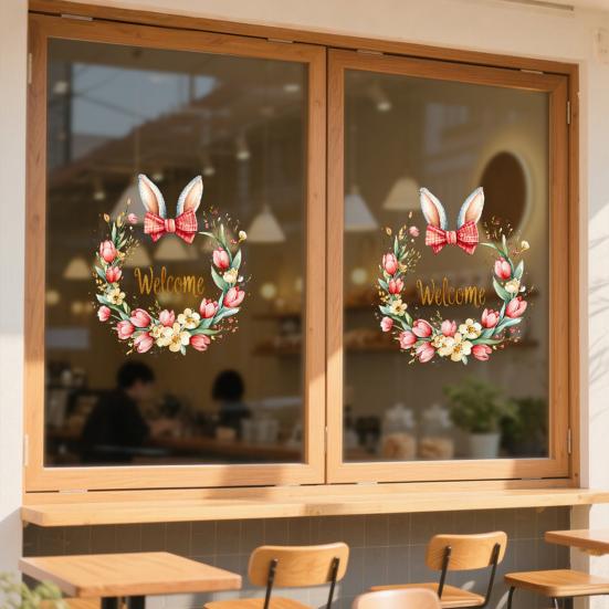 Spring Flower Wreath Window Cling Tulip/Sunflower/Rose Flower Static PVC Sticker Removable Glass Decals for Home Office Shop