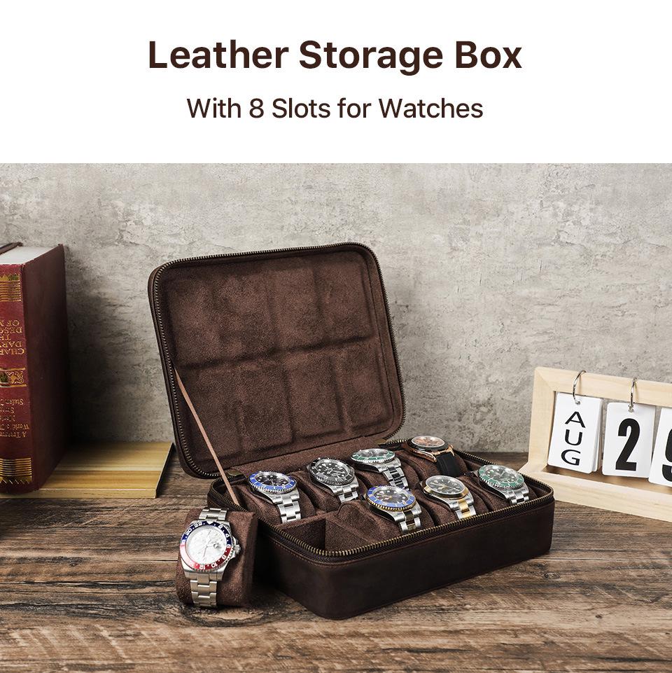 Retro Crazy Horse Rindsleder Tragbare Armbanduhr Aufbewahrungsbox - Achtteiliges Echts Leder Uhrenetui