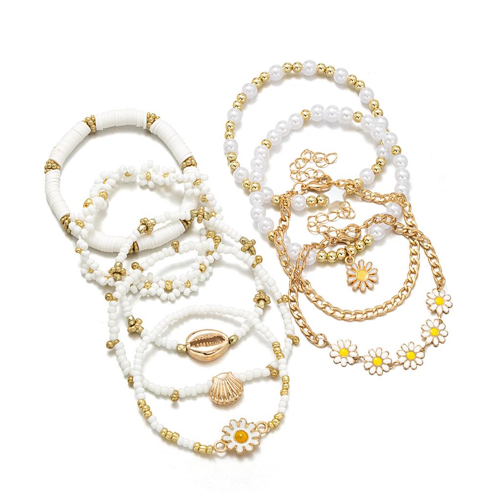 9 Elegant and Simple Daisy Rice Bead Bracelets with Multi Layer Stacking Soft Ceramic Shell Metal Women's Bracelet Set