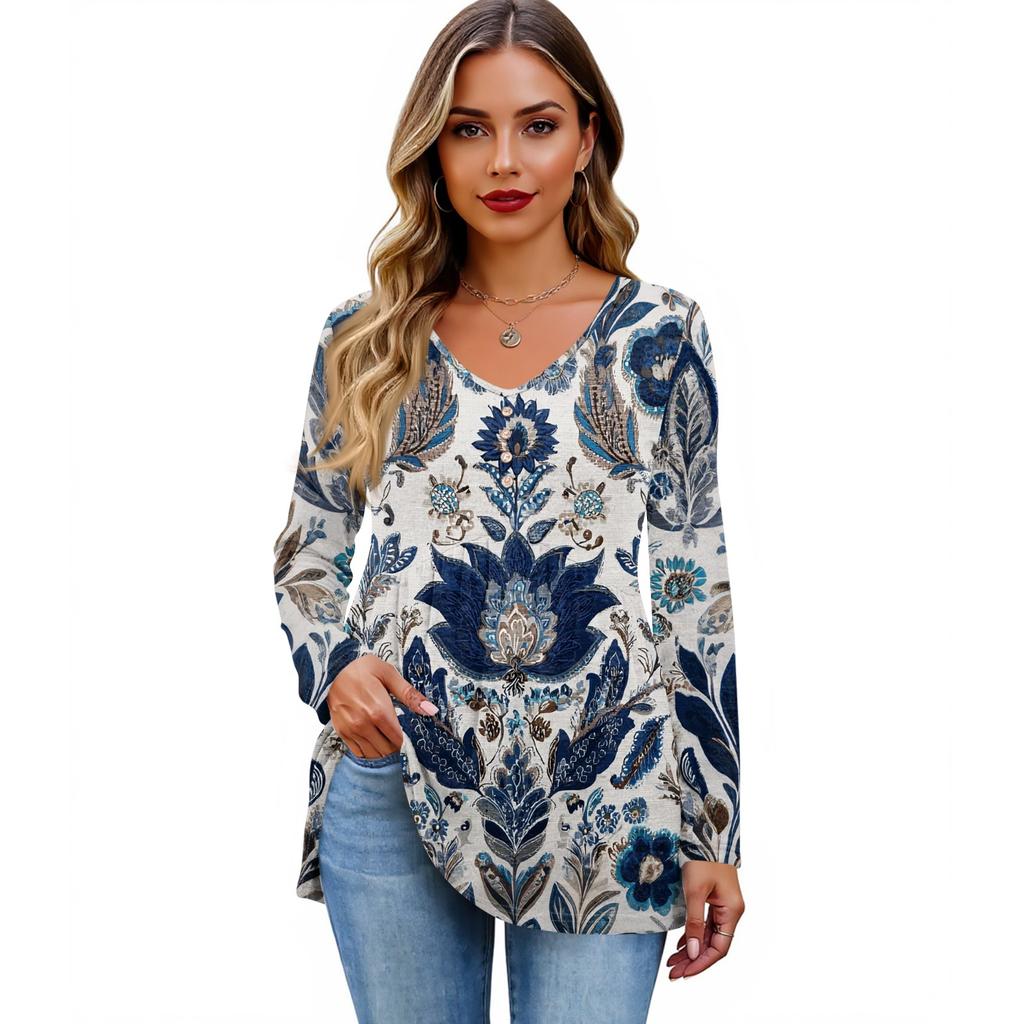 Women's Fashion Casual Long Sleeve Solid Color Shirt Women's V-Neck Tops