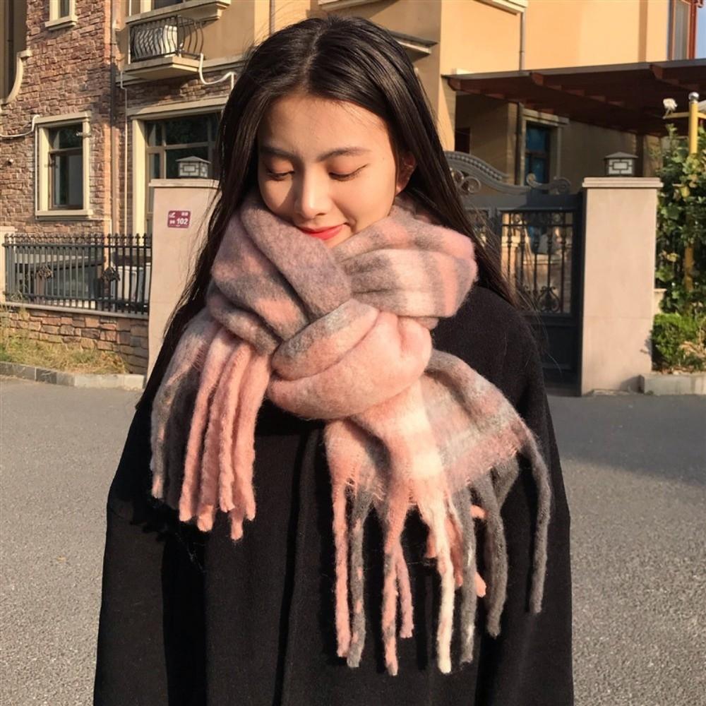 Cold Proof Women Mohair Plaid Scarf Thermal Fall Winter Neck Scarf Warm Tassel Shawl Wrap Students