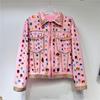 Thai Street Pink Denim Jacket Women Loose Fit Long Sleeve Heavy Rhinestone Detail Polo Collar