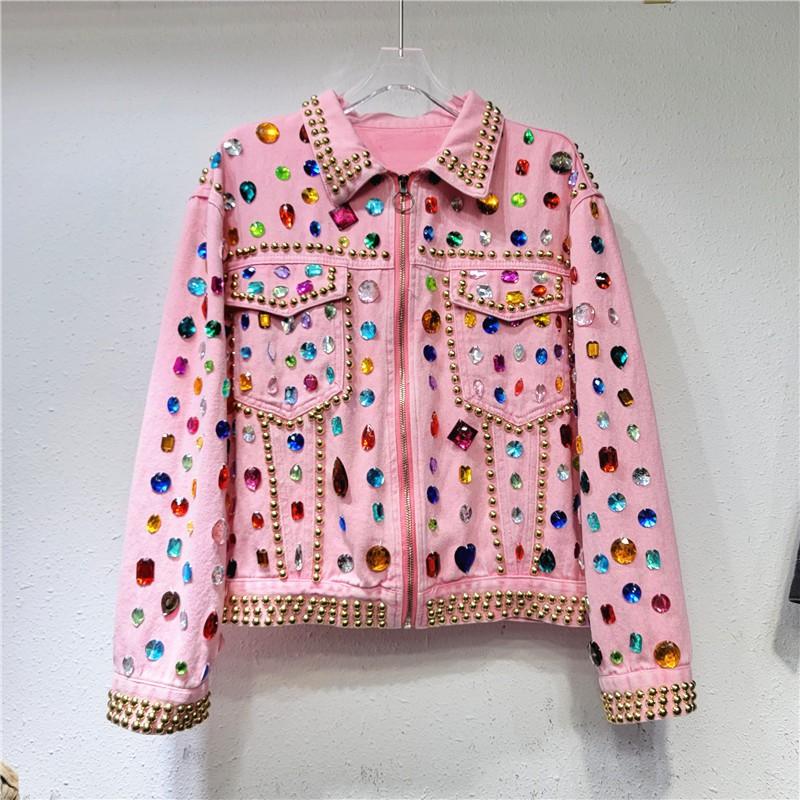 Thai Street Pink Denim Jacket Women Loose Fit Long Sleeve Heavy Rhinestone Detail Polo Collar