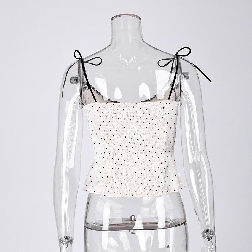 Women Polka Dot Corset Top Lace Trim Tie Shoulder Straps Bustier Slim Fit Satin Camisole Summer Party Clubwear Going Out Crop Top