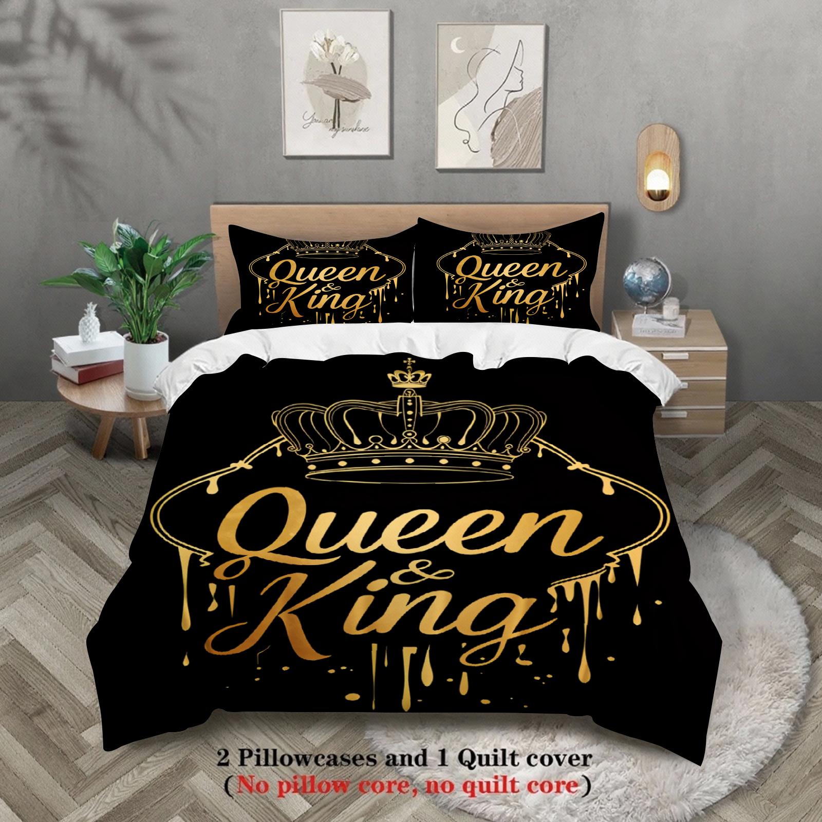 Queen And King Bedding Set Black Gold Crown Print Bedding With Duvet Cover & Pillowcases For Couples Bedroom EU Twin(135x200cm)