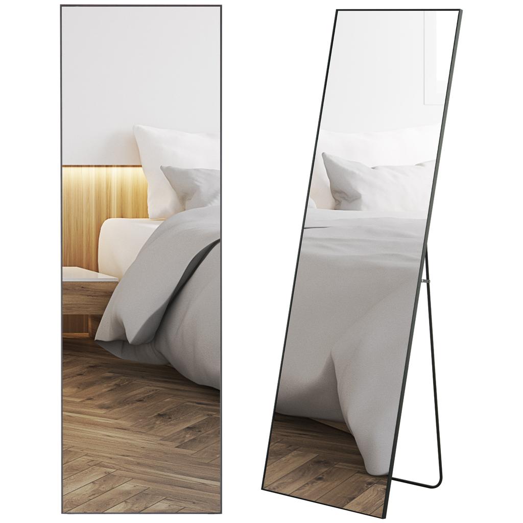 Full Length Mirror, Aluminium Alloy Framed Full Body Mirror with Tempered Glass, Standing or Wall Hanging, Black