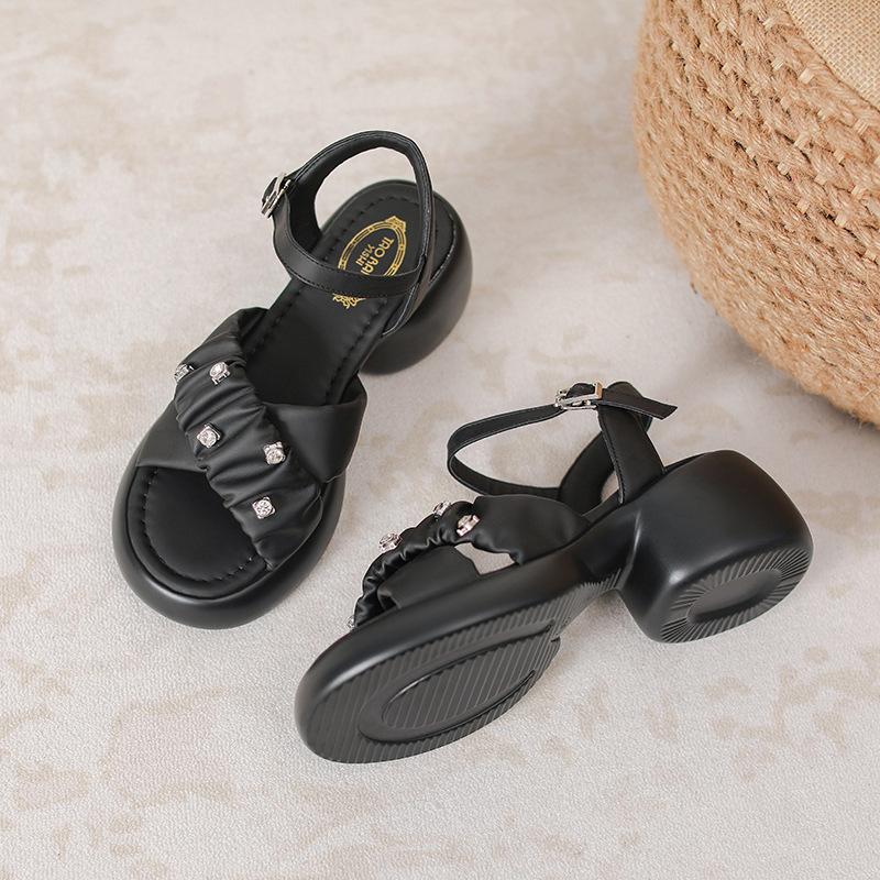 Sandals women's summer new fashion rhinestone small retro beach platform non-slip high heels