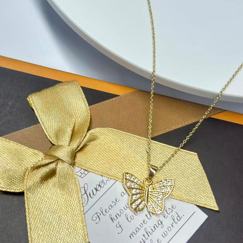 New Trendy Zircon Crystal Pendant Necklace For Women Female Sweet Gold Color Stainless Steel Clavicle Chain Jewelry Wholesale