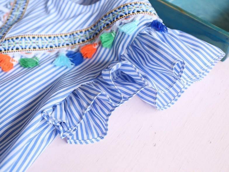 Noua rochie de printesa cu maneca scurta pentru fete cu dungi de vara - Design floral in stil coreean pentru copii