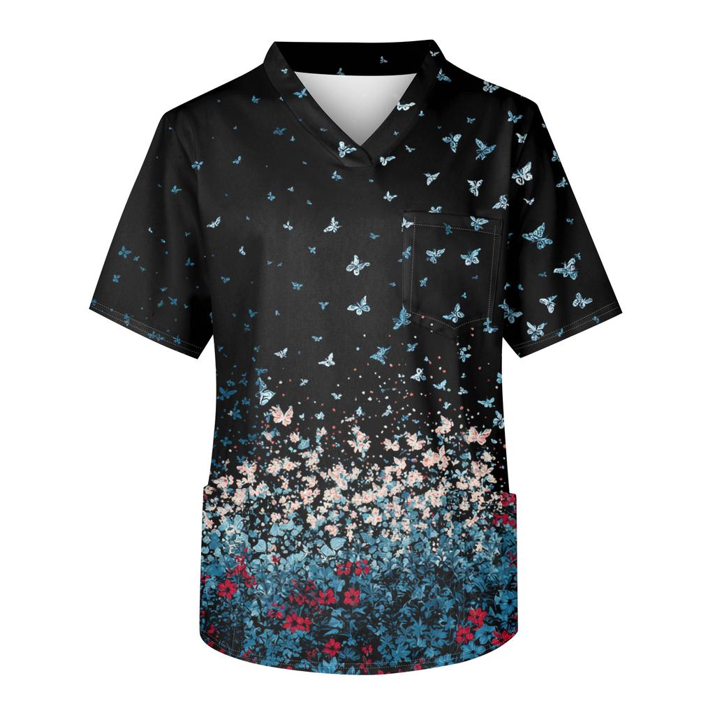 Men's Printing Short Sleeve V,neck Working Blouse Chest Pocket Carer Top