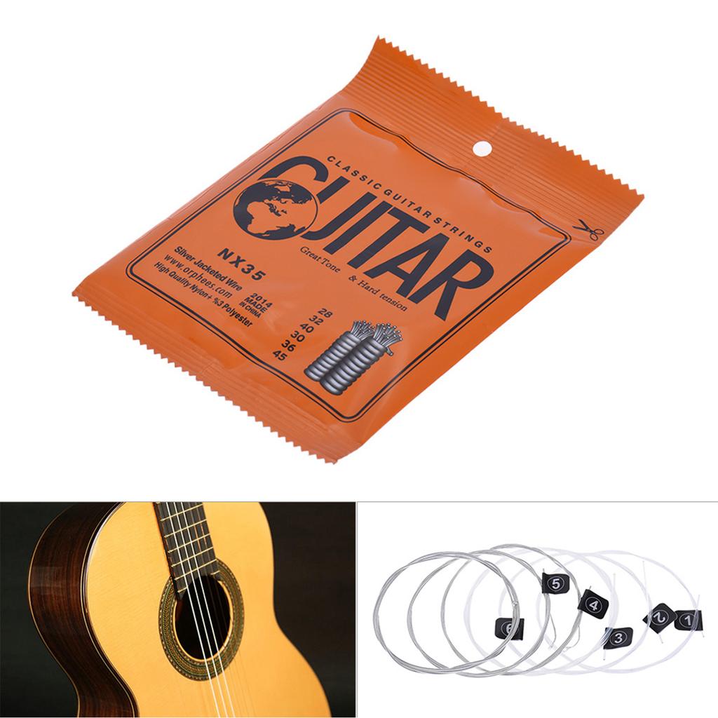 Orphee NX35 Nylon-Saiten für klassische Gitarre, 6 Stück, kompletter Ersatz-Satz (.028 .045) Nylonkern versilberter Draht hart