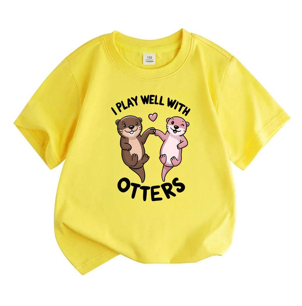 Kids Boys Girls 100% Cotton Crew Neck Short Sleeve T-Shirt Cute Cartoon Otters Couple Funny I Play Well With Otters Casual Lightweight Comfortable Gra