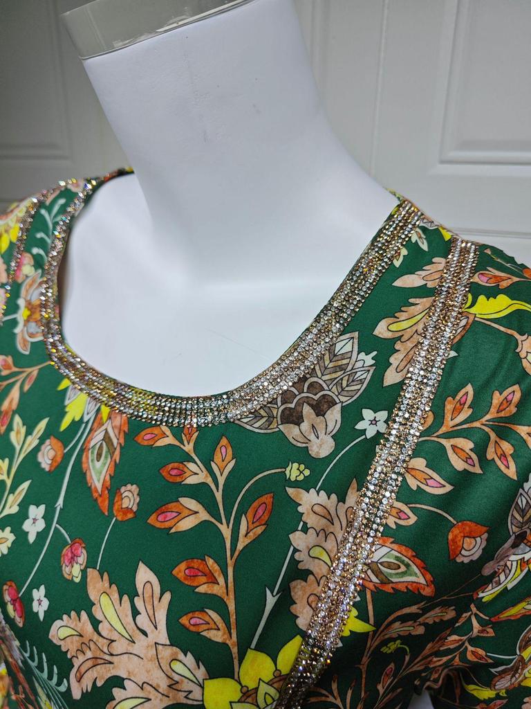 AB439 Middle Eastern Women's Diamond-Studded Fashion Print Jalabiya Robe