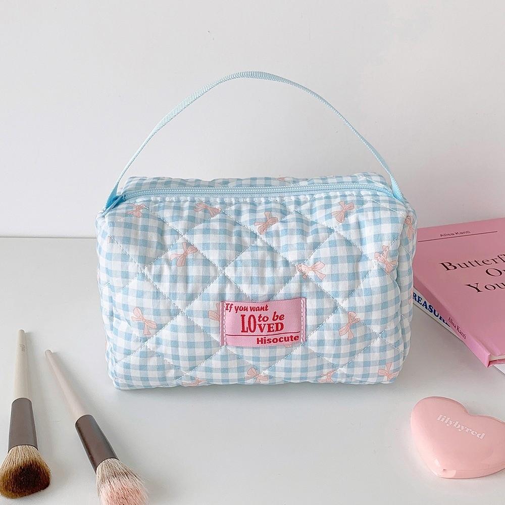 Zipper Pen Pouch Grid Pattern Stationery Storage Organizer Bowknot Pen Bag for Students Gift синий