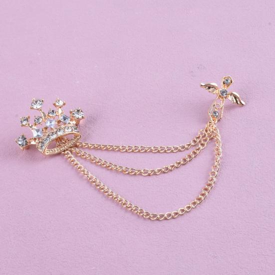 Men's Brooch Pin with Chain, British Crown Cross Angel Lapel Pin, Rhinestone Suit Badge with Tassel Chain for Men, Formal Wedding Party Suit Jacket