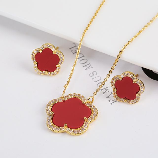 Top Quality Women Girls Five Leaf Flower Set Necklace Earrings Fashion Luxury Natural Stone Shell Set High Quality Zircon Gifts