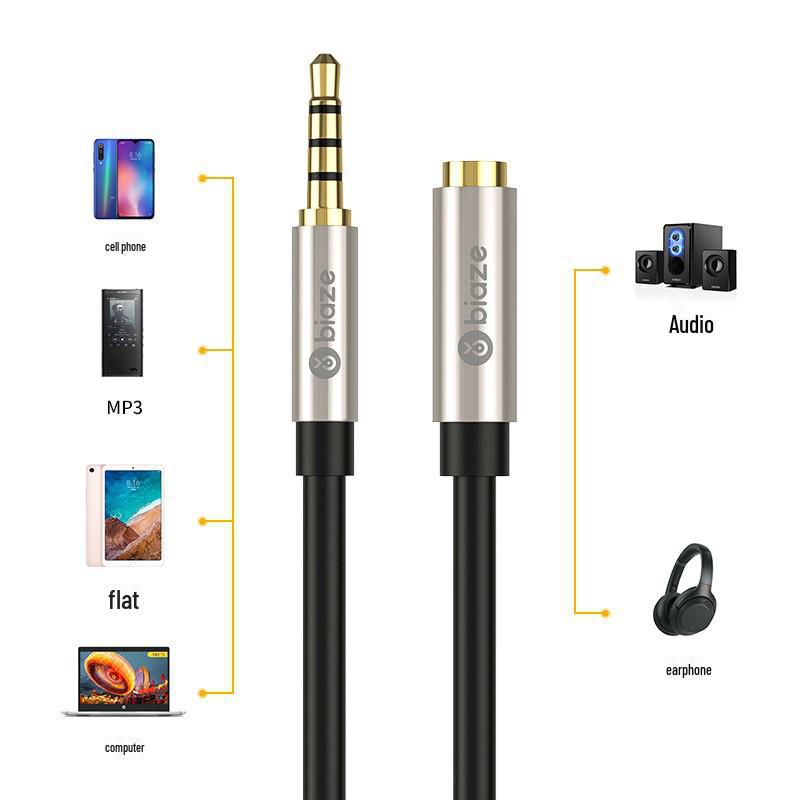 Biaz 3.5mm Male To Female Headphone Extension Cable with Microphone Support, 1m, 4-Pin.