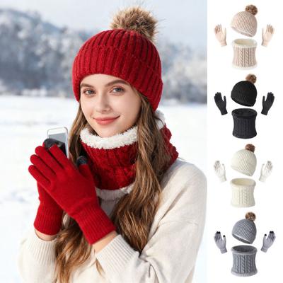 3Pcs/Set Winter Hat Scarf Gloves Set Solid Color Twist Texture Velvet Lining Winter Hat Neck Warmer Gloves Set Cold Weather Gear