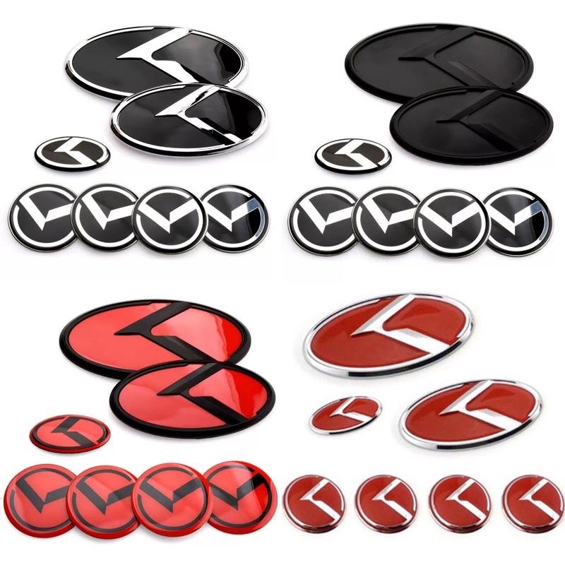 AABJA1 (7 Pcs) K Logo 3D Emblem Front Grille Trunk + Steering Wheel + Wheel Center Caps Sticker Badge For Kia K5 K3 K2 K4 Forte Koup