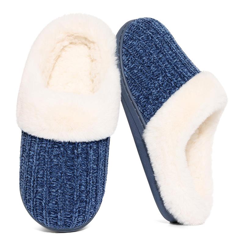 Fashion Shevalues Winter Plush Lining Slippers For Women Cozy Wool-Like Lined Chenille Slippers Memory Foam Fuzzy Warm Indoor Slippers