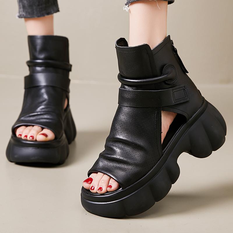 Fashion GKTINOO  Ladies Sandals 2025 New Spring Retro Women Shoes Genuine Leather Zip Flat With Sewing Handmade Platform Sandals