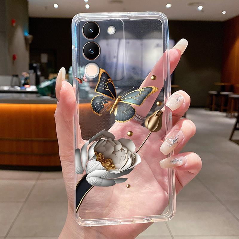 Phone Case For Vivo V29e V27e 5G Slim Soft TPU Cover Clear Silicone Aesthetic Luxury Fashion Butterfly Flowers New Design Case