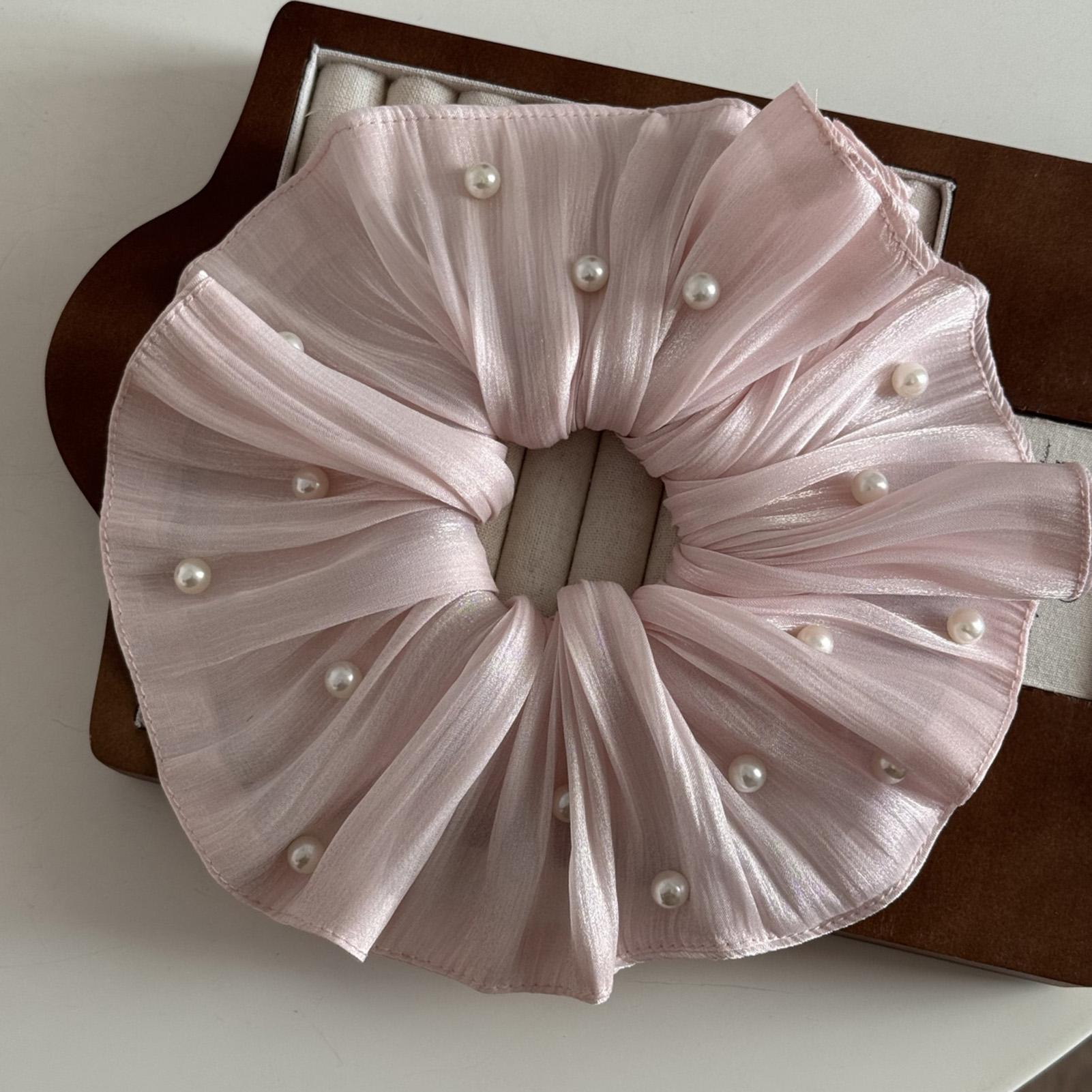 

Large Intestine Hairband Female Pearl Flowing Light Mesh High Grade French Large Head Flower Hair Rope Elegant Hair Accessories розовый