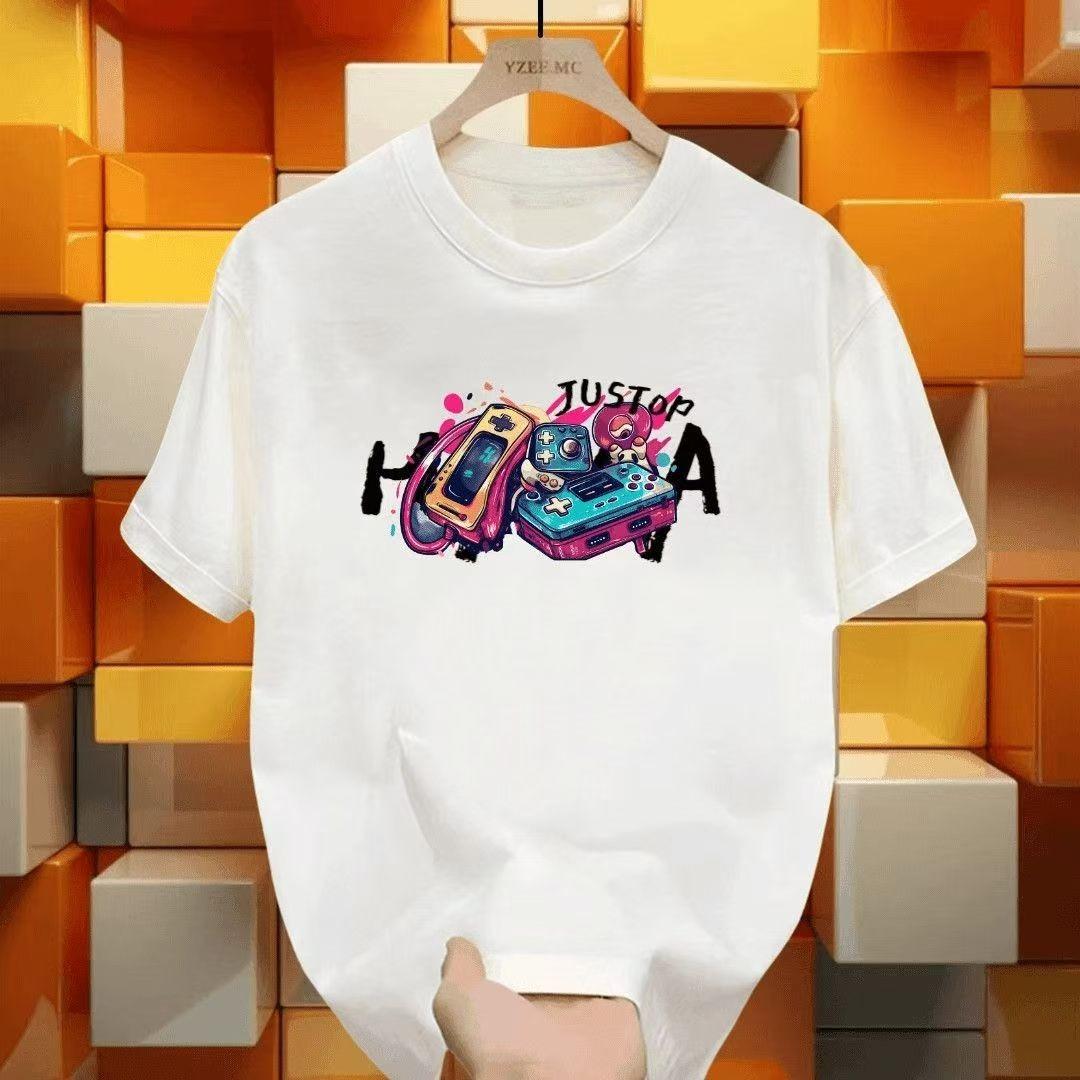 

2026 New American Fashion Game Machine Cat Graphic Print High Quality Unisexs and Womens TShirts Round Neck Loose Short Sleeves S