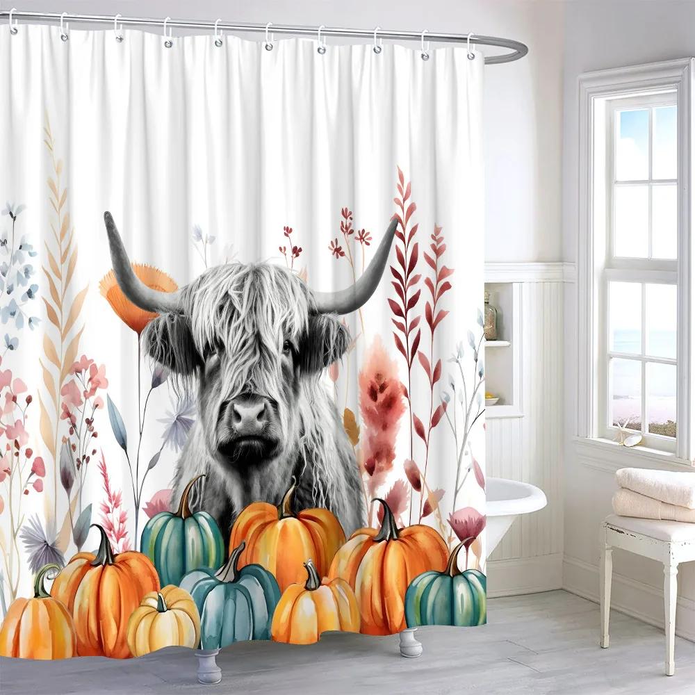 Highland Cow Leaf Pumpkin Shower Curtain Autumn Thanksgiving Gift Watercolour Print Polyester Fabric Bath Curtain Bathroom Decor