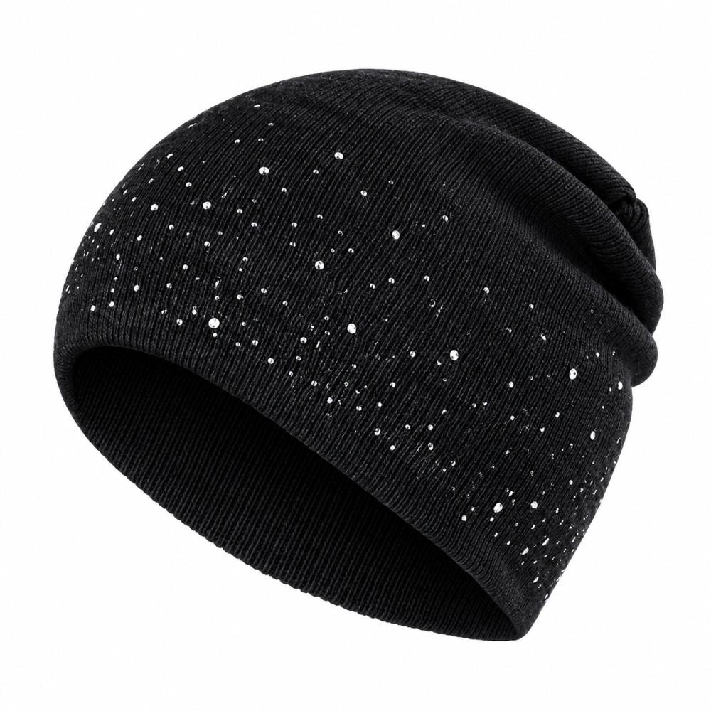 Shiny Rhinestone Decor Pullover Beanie Coldproof Winter Fall Hat Knitted Hat Daily Winter Wear