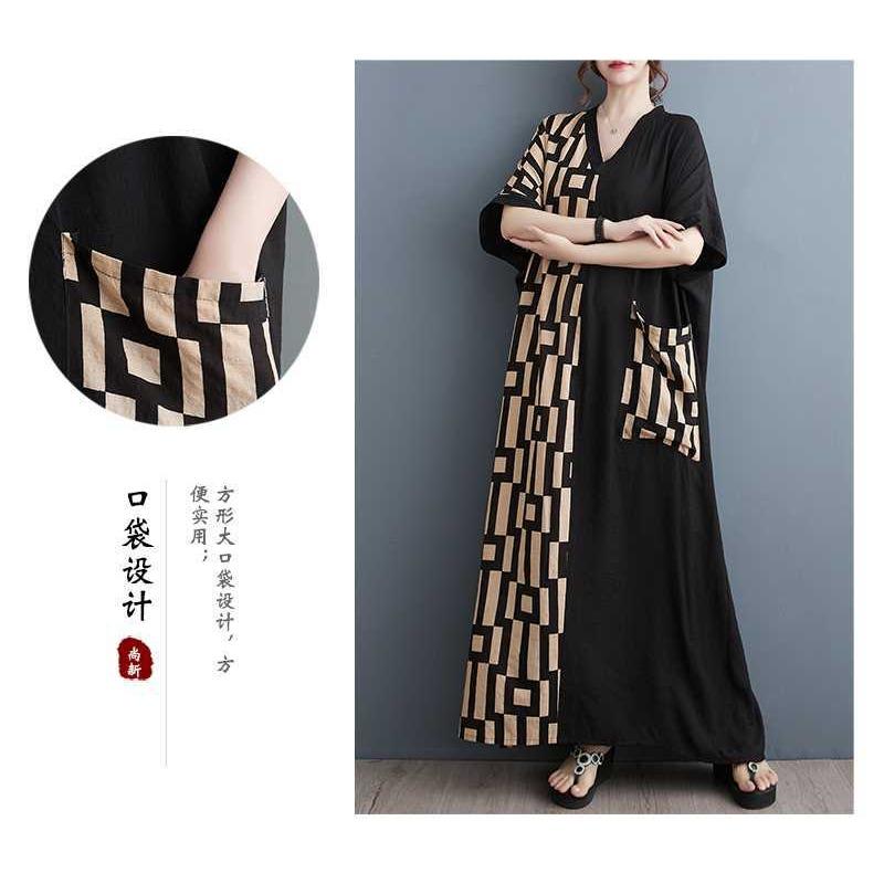 Summer New Printing Thin V-neck Short-sleeved Color Collision Splicing Black Long Dresses