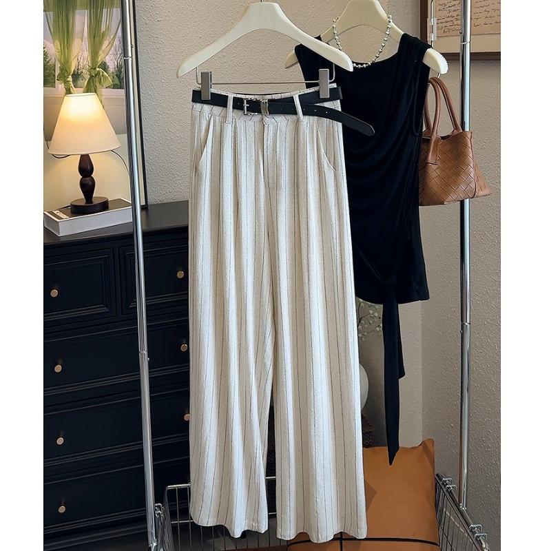 Old Qian Feng Vertical Pattern Refreshing Linen Wide-leg Pants High Waist and Thin Straight Casual Pants Lazy Temperament Trousers with Belt
