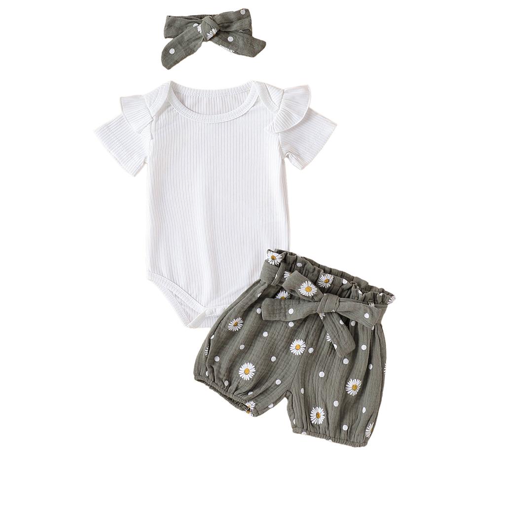 Baby Girls Summer Shorts Outfits Short Sleeve Ribbed Romper Belted Daisy Print Shorts Headband Sets