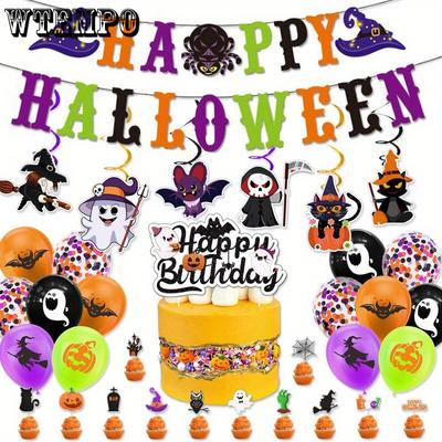 2sets Halloween Party Decorations Balloon Banner Paper Pompom Cake Topper Hanging Swirl Halloween Hanging Swirl Streamer for Halloween Happy