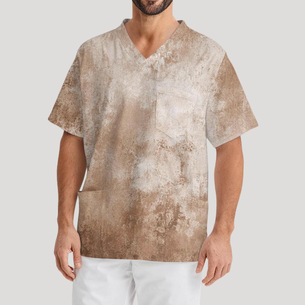 Men's Printing Short Sleeve V-neck Working Blouse Chest Pocket Carer Top