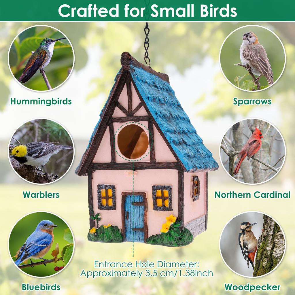 Vintage Hanging Bird House Resin Breathable Outdoor Birdhouse with S Hook Chain Pet Supplies for Patio Yard Garden Decoration