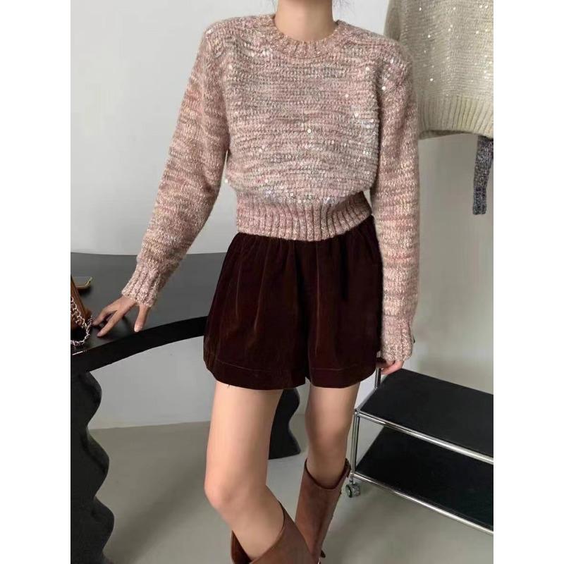 Sequined Knitted Sweater Top Women's Autumn and Winter New Lazy Wind Pullover Round Neck Heavy Industry Super Good-looking Short Sweater