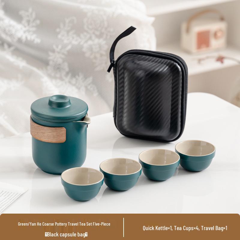 Portable Ceramic Travel Tea Set: Quick-Brew Pot & 4 Cups for Outdoor & Car Use, Simple Carry-Along Gift