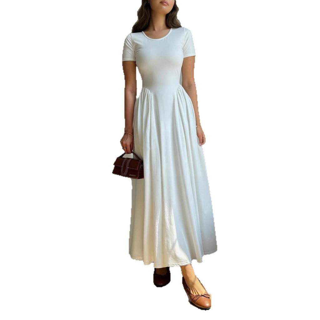 2025 Summer Women's Round Neck Solid Color Short Sleeve Commute Dress