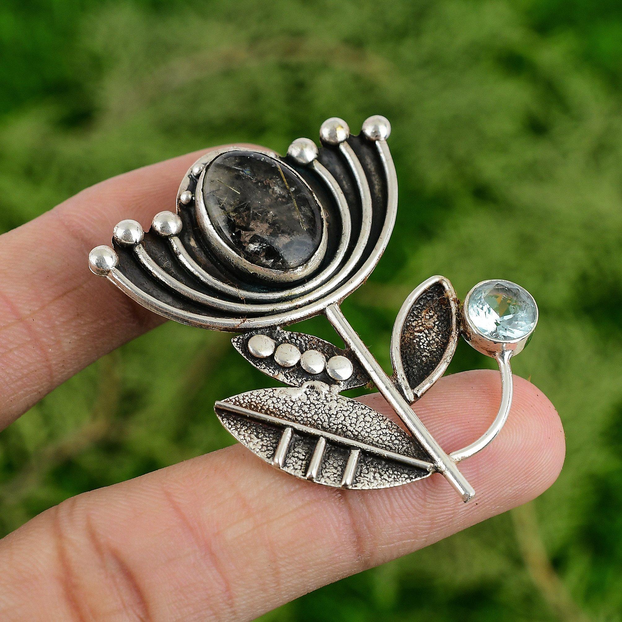 

Daughters Day Deal 925 Silver Garden Quartz Stone Swiss Blue Topaz Lotus Pendant