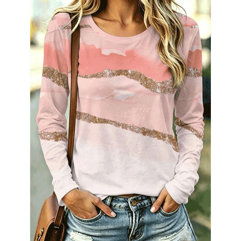 Fashion Women's Crew Neck Long Sleeve 3D Casual Color Printing Casual Short Sleeve Crew Neck T-Shirt