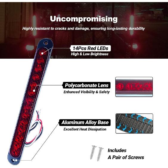 10" LED Trailer Brake Lights Bar Strip Aluminum Alloy Base Red Stop Turn Identification Side Marker Tail Lights Assembly For Truck Marine Boats, 15